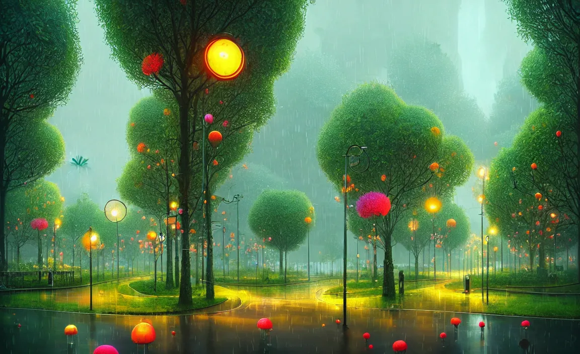 Prompt: beautiful city of the future, overgrown with trees and plants. raining at night with light pole illuminate the patch, nice colour scheme, warm colour. beautiful artistic digital artwork by artist lurid. ( 2 0 2 2 ), gediminas pranckevicius