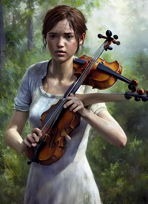 Image similar to ellie from the last of us in a white dress playing the violin on stage. by Daniel F. Gerhartz, hyperrealistic oil painting, 4k, very detailed faces, studio lightning