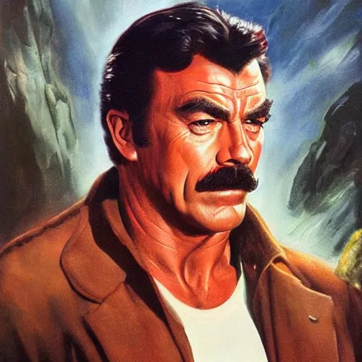 Prompt: ultra realistic portrait painting of tom selleck as batman, art by frank frazetta, 4 k, ultra realistic, highly detailed, epic lighting
