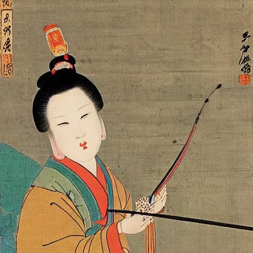 Prompt: the Chinese ancient painting of a lady selfie with selfie stick and smartphone in Tang Dynasty , by Han Xizai