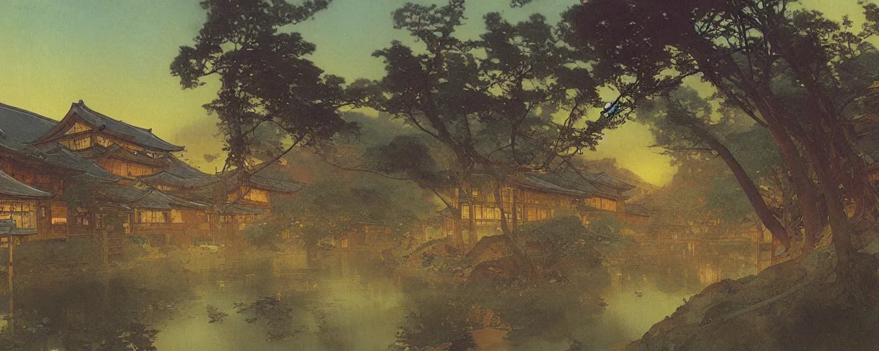 Image similar to a beautiful painting of an acient japanese town nearby a small river in the evening by alfons maria mucha and ivan aivazovsky, ultra detailed, volumetric lighting,