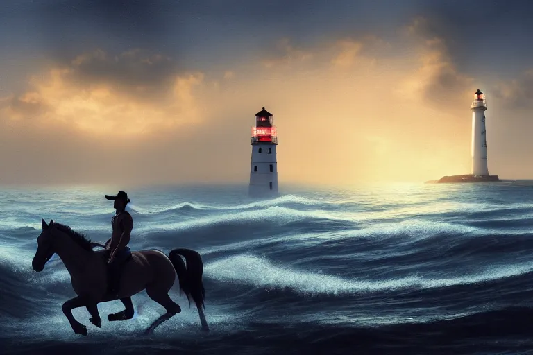 Image similar to photo of man riding a horse along the beach, glowing underwater waves toward a lighthouse in the distance guiding his way, silhouette, wide horizon, large white clouds, flying birds, night, intricate, elegant, highly detailed, digital painting, artstation, concept art, smooth, sharp focus, illustration, art by artgerm and greg rutkowski and fra angelico