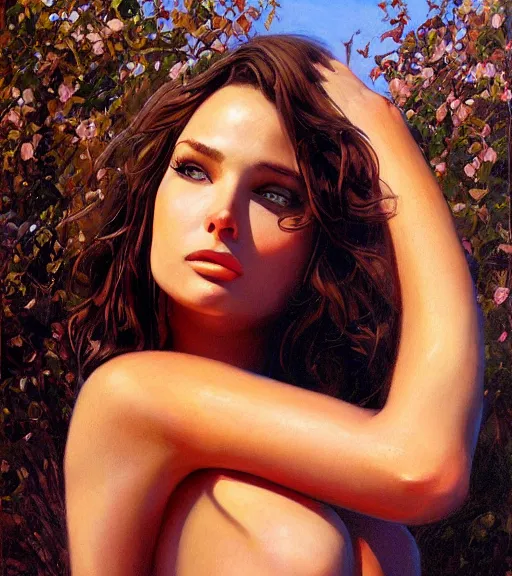 Prompt: natali portman, portrait, illustration, rim light, top light, perfectly shaded, spring time, slight overcast lighting, soft painting, art by boris vallejo