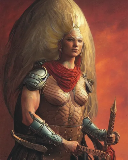 Image similar to a portrait of a muscular female warrior by boris valejo and Thomas Cole and Wayne Barlowe