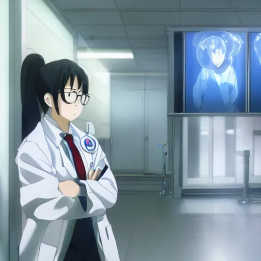 Prompt: anthropomorphic cat radiologist wearing white coat in hospital ward, slice of life anime, anime scenery by Makoto shinkai