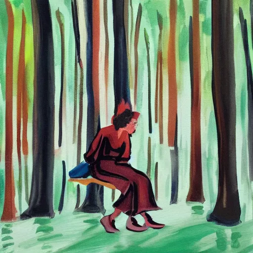 Image similar to painting of a woman who fell asleep during a train ride as it goes through a forest while it rains