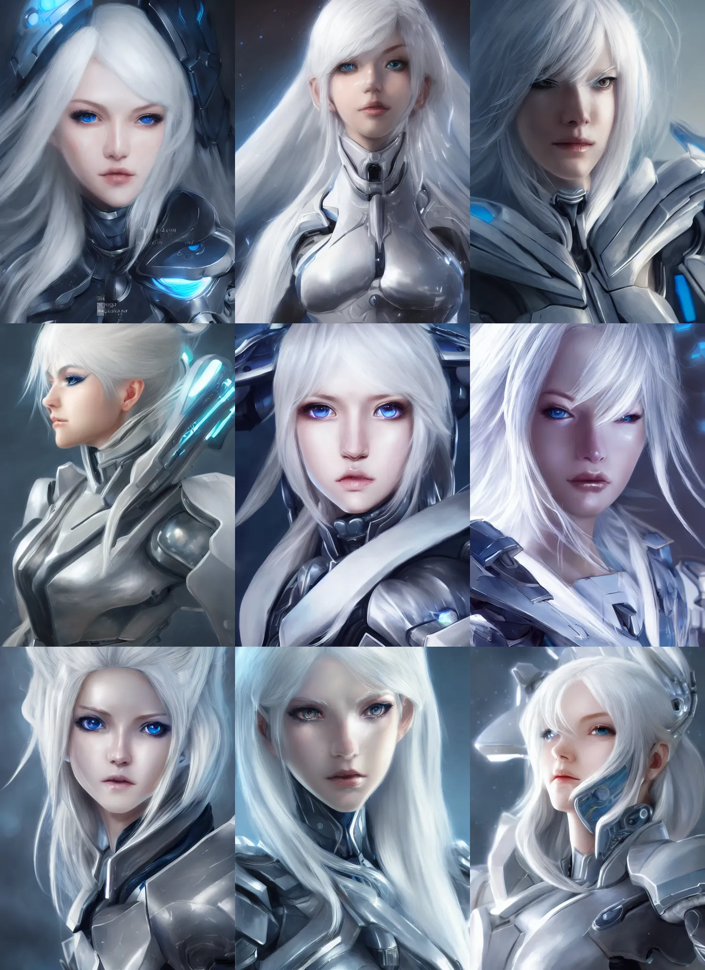 Image similar to detailed portrait of perfect white haired girl, android, warframe armor, beautiful, pretty face, blue cyborg eyes, innocent, scifi, 4 k, sun yunjoo, ultra realistic, aura of light, cinematic lighting, highly detailed, sharp focus, artstation, masterpiece, art by hyungjin yang and akihiko yoshida