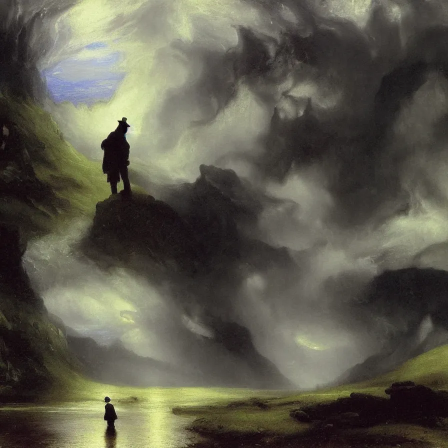 Prompt: metaphysical artwork about a lonely man during a rainstorm, rainy day, painted by thomas moran and albert bierstadt. monochrome color scheme.