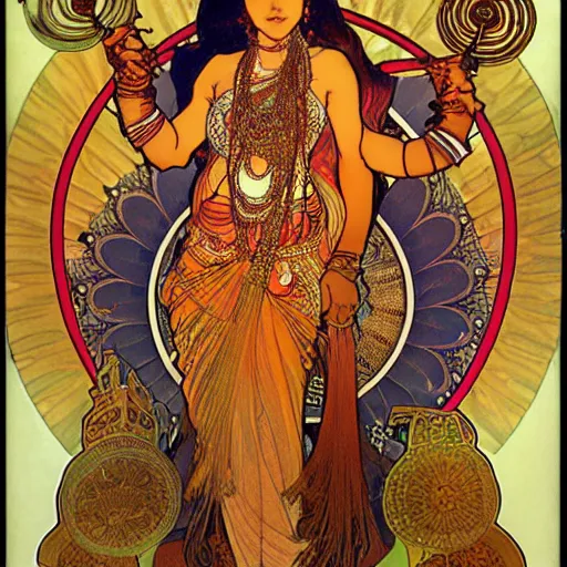 Image similar to hindu goddess of firespinning, by alphonse mucha, burning man, fire poi, fire staff, tesseract, intricate