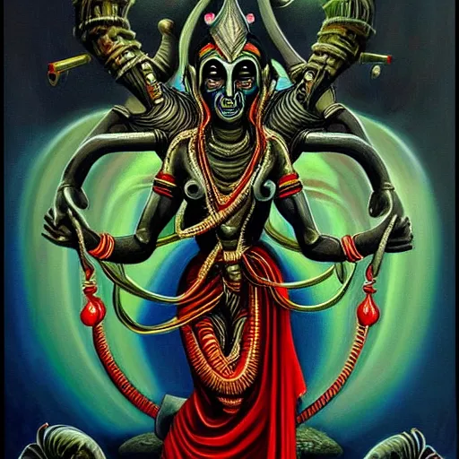 Prompt: beautiful painting of a sacrifice in honor of the goddess Kali Linux in the style of Welder Wings and H. R. Giger. Dark background, detailed, trending on Artstation