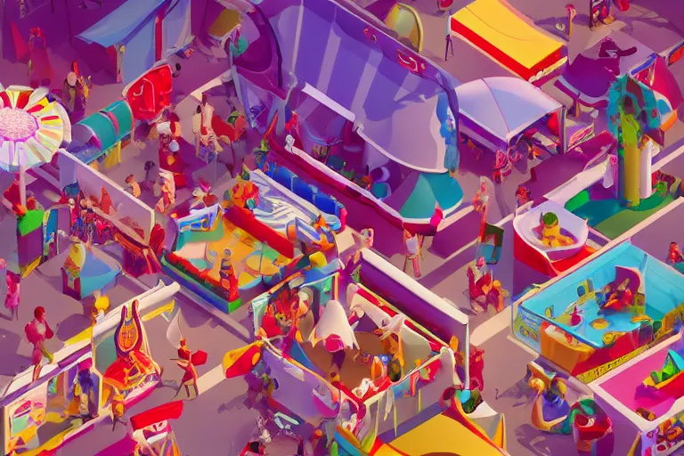 Image similar to carnival , isometric game art, white furniture, bright, artstation, highly detailed, cinematic lighting + masterpiece