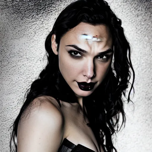 Image similar to gal gadot as a goth woman, close up shot, black hair, pale skin, sensual, beautiful soft light failling on her face, studio photography, nikon 3 5 mm portrait photography, ultra realistic