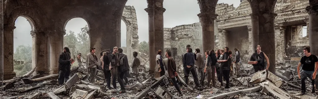 Image similar to group huddled around a fire in a decaying building with the world outside overgrown and in ancient architecture ruins from a higher perspective with dramatic lighting photographed with an animorphic lens, rendered in a cinematic hazy dusk atmosphere