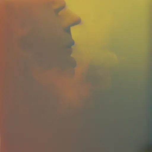 Image similar to pinhole photo : dream, smoke, clouds, silhouette, face, mirror, double exposure, chromatic aberration, kodachrome, red and yellow light