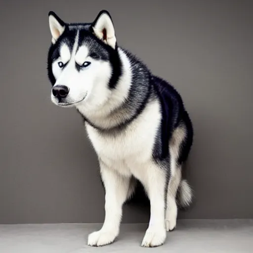 Image similar to a husky wearing a black jacket with blue eyes