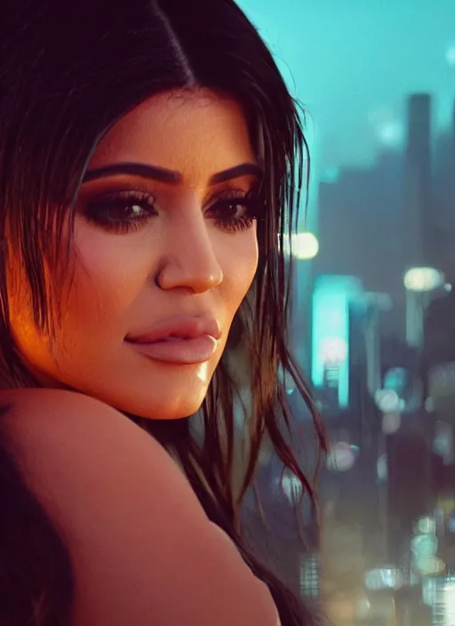 Image similar to film still of kylie Jenner hugging kim kardashian romanticly, scenic cyberpunk city backround, cinematic lighting, cinematic