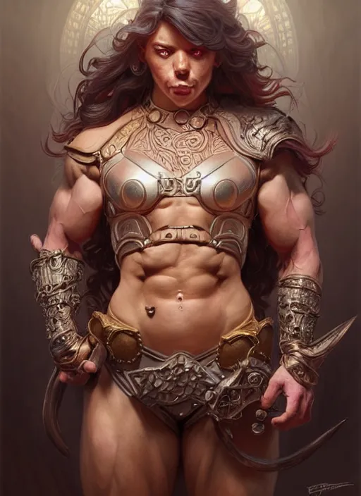 Image similar to portrait of aggressive pig humanoid, d & d, muscular! fantasy, intricate, elegant, highly detailed, digital painting, artstation, concept art, smooth, sharp focus, illustration, art by artgerm and greg rutkowski and alphonse mucha