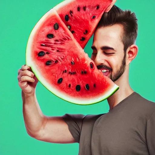 Prompt: photorealistic man eating a watermelon