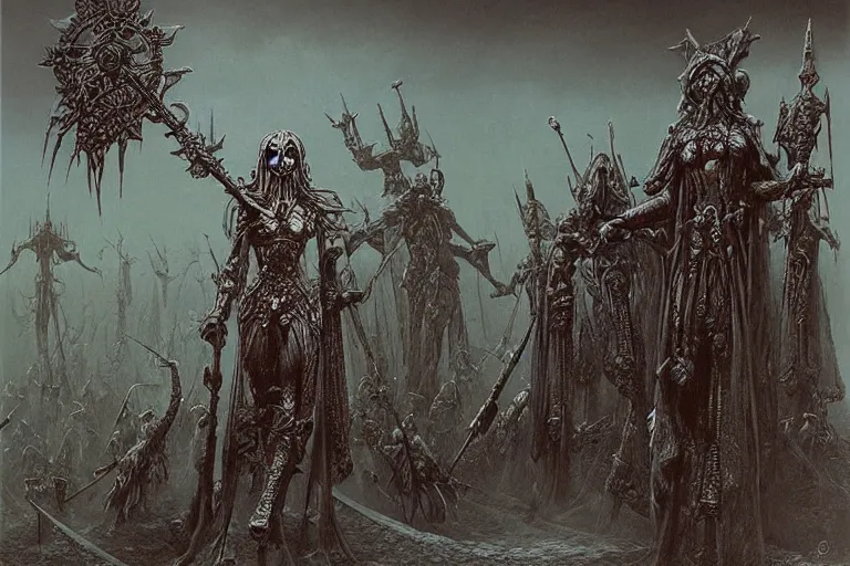 Prompt: Warhammer goddess empress of chaos, war famine, death, by Zdzislaw Beksinski