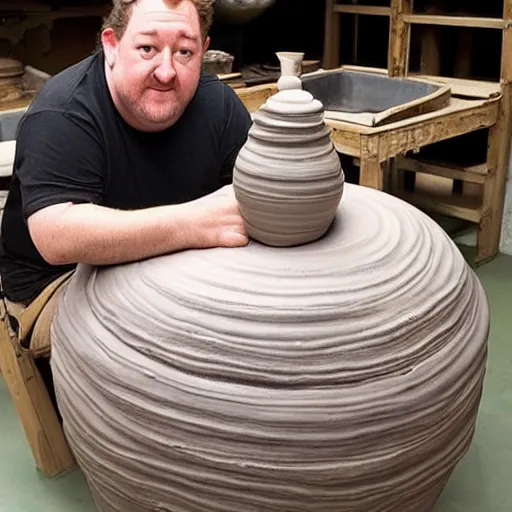 Image similar to johnny vegas sitting making a very large clay teapot, art school, studio, wet clay, ceramics, pottery wheel, Michael Joseph Pennington, photorealistic