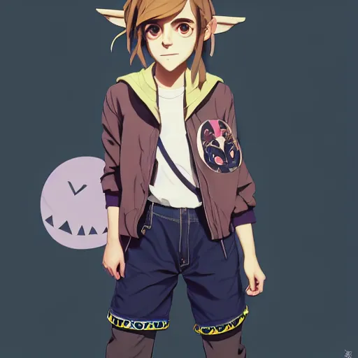 Image similar to beautiful boyish emma watson in majora's mask, wearing oversized mayan bomber jacket with overalls and leotard, bulky poofy bomber jacket with mayan patterns, aztec street fashion, gapmoe yandere grimdark, trending on pixiv fanbox, painted by greg rutkowski makoto shinkai takashi takeuchi studio ghibli, akihiko yoshida