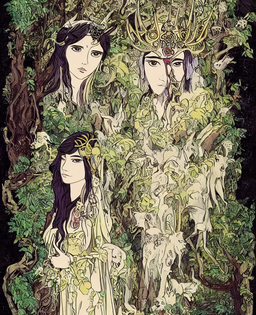 Prompt: portrait of Princess Mononoke wearing her mask, lush forest landscape, style of Art Nouveau, gems and gold, waterfalls, denoised, sharp,