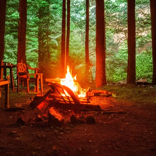 Image similar to cabin in the woods at night, campfire, lens blur, fireflies