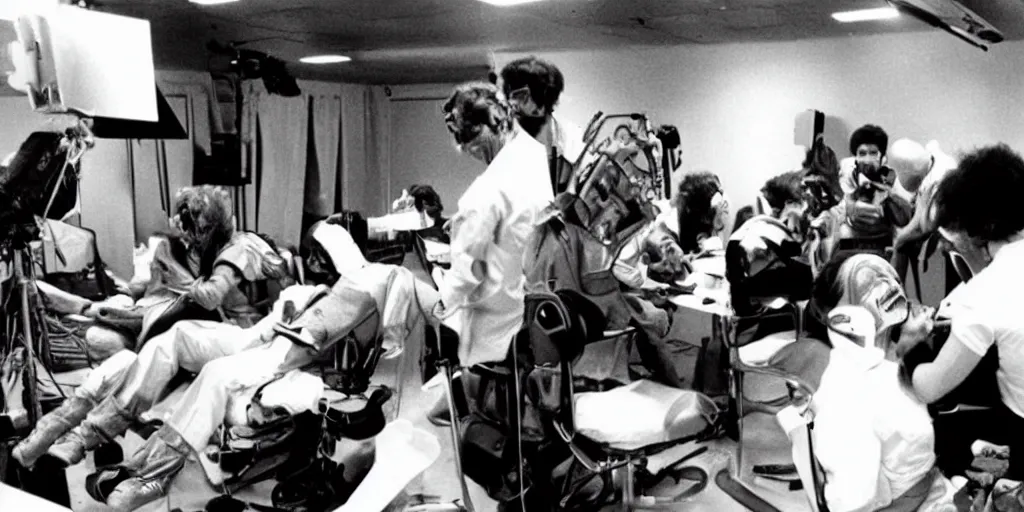 Image similar to color film still, behind the scenes of filming, staff applying makeup to actors. ; alien 2 ( 1 9 8 6 )