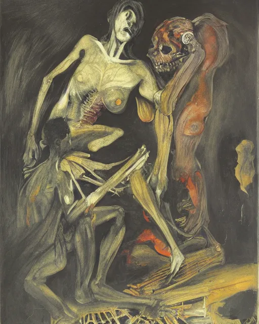 Prompt: painting of a dark fleshy figure seated next to another dark angry figure laughing in a messy living room by Francisco Goya and Francis Bacon and Jamea Jean, vibrant pueple background, mythological painting, oil painting, triadic color scheme, very coherent, Figure laughing seated on a throne made out of a beskeleton inside interior room, Beksinski painting, masterpiece, artstation