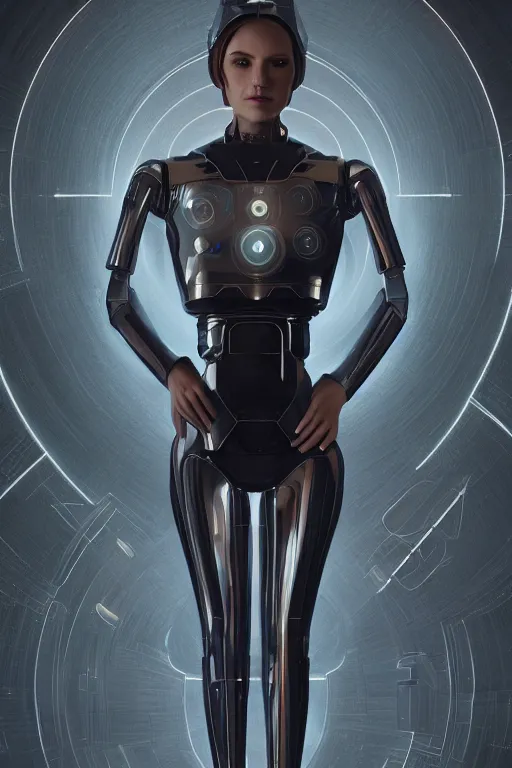 Image similar to full figure portrait of a female android made of chrome and woodgrain, lean sleek styling, feminine curves, reflective, inscribed etched with gnostic runes, by jessica rossier