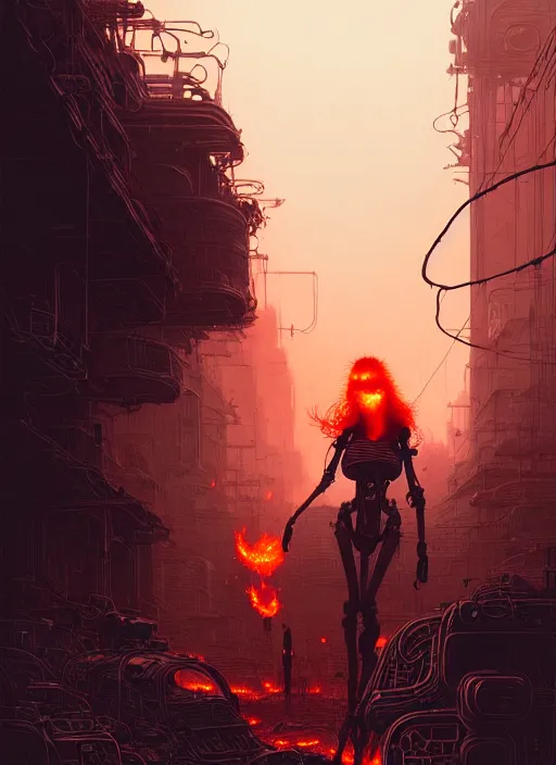 Image similar to highly detailed portrait of a wasteland long curly fire hair tribal lady, stray wiring by atey ghailan, james gilleard, by joe fenton, by greg rutkowski, by greg tocchini, by kaethe butcher, 4 k resolution, gradient red, orange, black and white color scheme!!! ( ( burning flaming robotic dystopian city background ) )