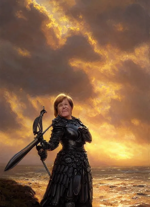 Image similar to Angela Merkel wearing black Armor, epic portrait of a very strong muscled Amazon heroine, sun beams across sky, pink golden hour, stormy coast, intricate, elegance, highly detailed, shallow depth of field, epic vista, Ralph Horsley, Daniel F. Gerhartz, Artgerm, Boris Villajo, Lilia Alvarado