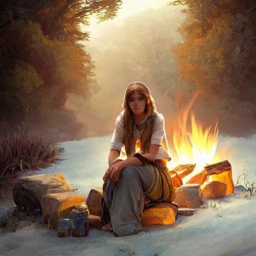 Image similar to epic portrait a scout woman sitting by campfire, beauty, pretty face, glossy skin, glowing, digital painting, artstation, concept art, soft light, hdri, smooth, sharp focus, illustration, fantasy, intricate, elegant, highly detailed, D&D, matte painting, in the style of Greg Rutkowski and Alphonse Mucha and artemisia, 8k, highly detailed, jurgens, rutkowski, bouguereau, pastoral, rustic, georgic