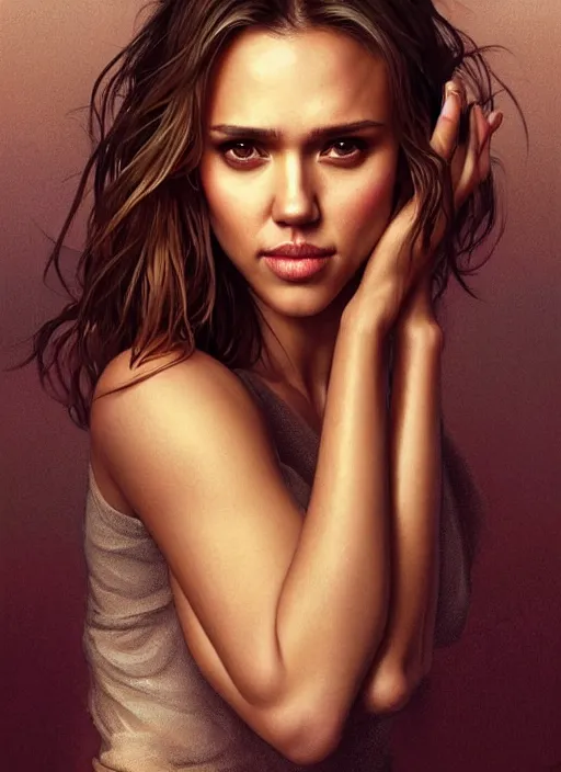 Prompt: half Jessica Alba half Nathalie Portman half scarlett johansonna pure attractive godess, full body portrait, slight smile, diffuse natural sun lights, autumn lights, highly detailed, digital painting, artstation, concept art, sharp focus, illustration, art by wlop and greg rutkowski and alphonse mucha and artgerm