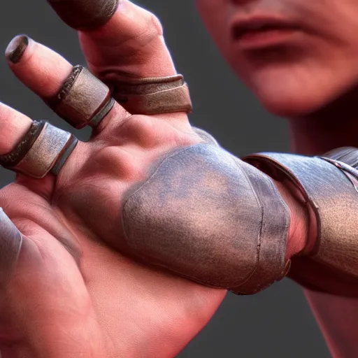 Image similar to Young warrior, hyper-realistic hands 4k Unreal engine rendered hands trending on deviantart