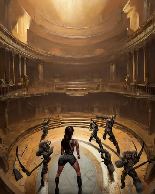 Image similar to lara croft exploring an italian opera house with numerous musclebound male goons patrolling the area, by wlop, greg rutkowski and peter mohrbacher, extremely detailed shading, concept art, digital painting, trending on artstation, unreal engine 5, octane render, atmosphere, lens flare, glow, cinematic lighting, full of color