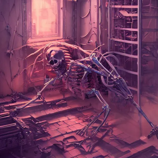 Prompt: hyperrealistic photography of a machine entering a skeleton host in the style of jin kagetsu, james jean and wlop, highly detailed, sharp focus, intricate concept art, digital painting, ambient lighting, 4 k, artstation