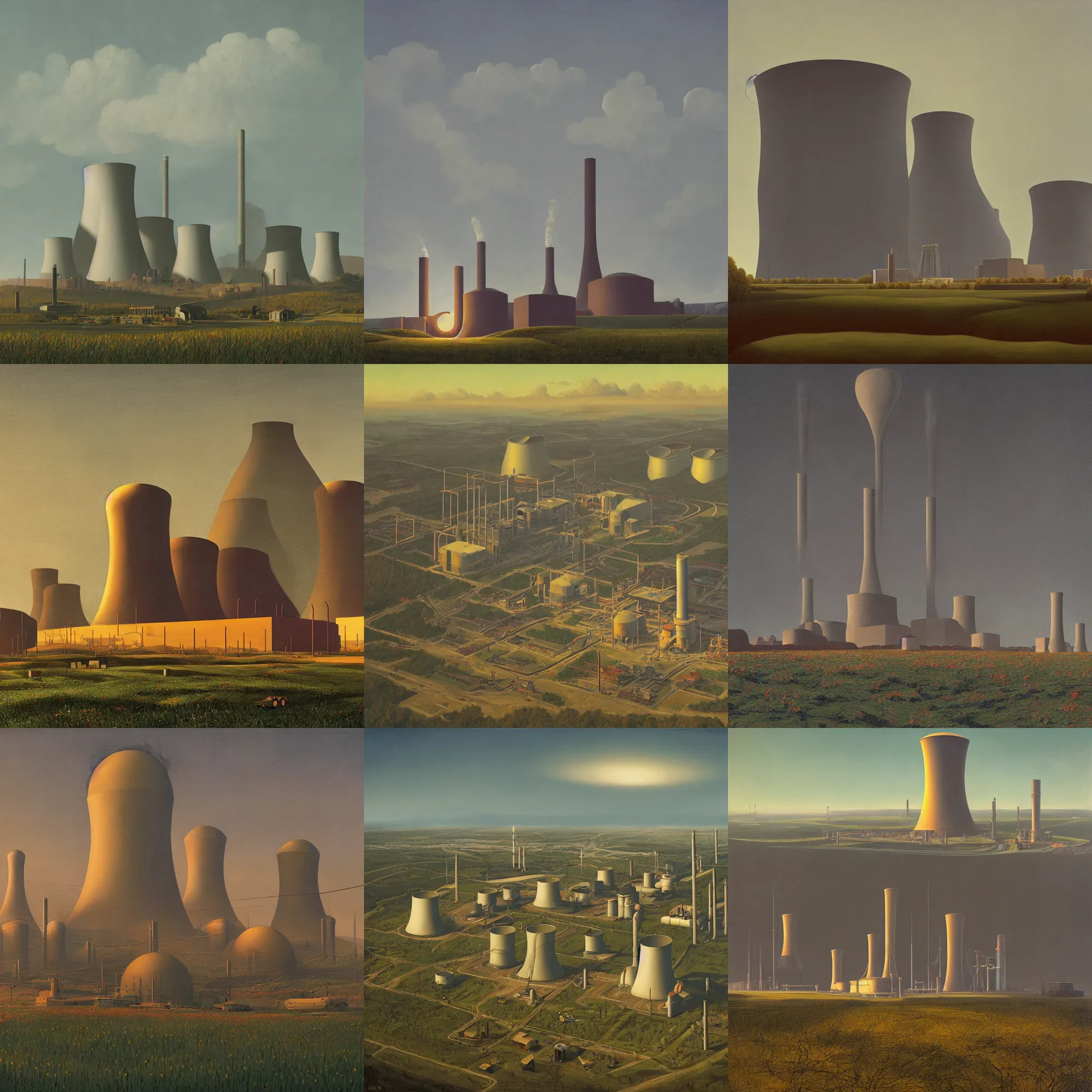 Image similar to A nuclear power plant in utopia by Simon Stålenhag and Grant Wood, oil on canvas