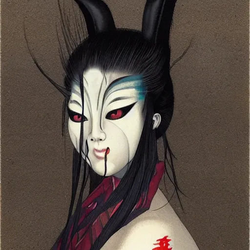 Prompt: portrait of takaonna yokai, misty night, beautiful! coherent! by brom! deep colors, strong lines, high contrast