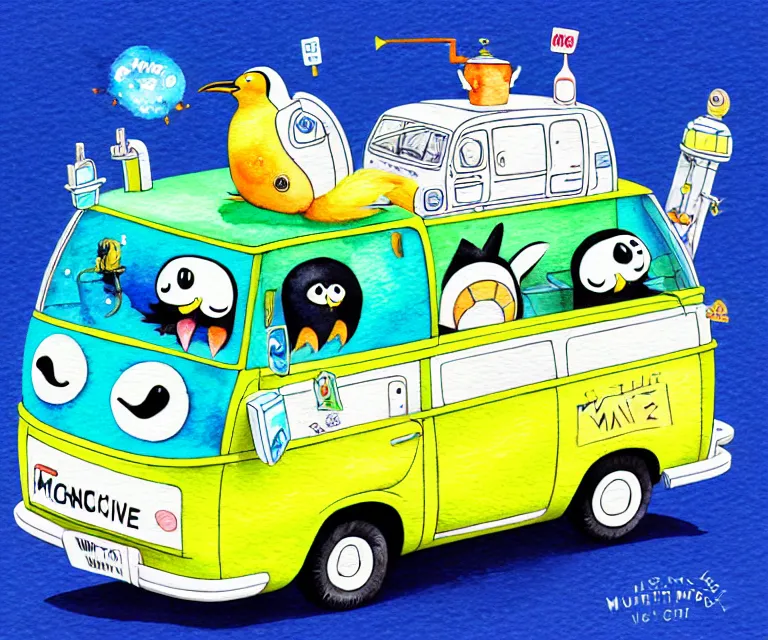 Image similar to cute and funny, penguin riding in a tiny mystery machine van with an oversized engine, ratfink style by ed roth, centered award winning watercolor pen illustration, isometric illustration by chihiro iwasaki, edited by range murata, tiny details by artgerm and watercolor girl, symmetrically isometrically centered, sharply focused