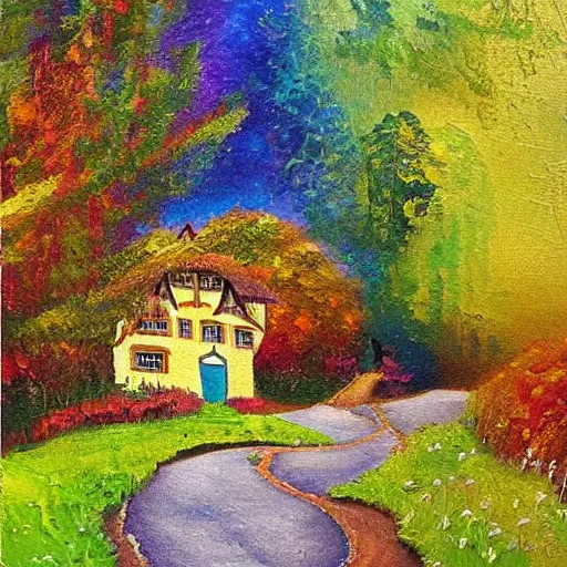 Image similar to fairytale house, amazing colors, path leading to the house, oil painting, trending,