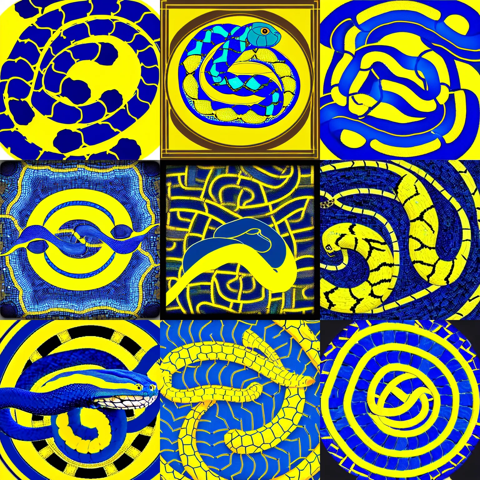 Prompt: a blue and yellow intwined pythons, modern logo, app, mosaic