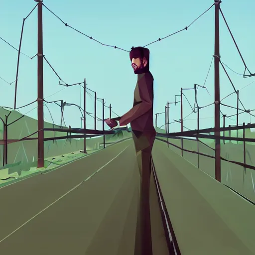 Prompt: a high wire fence looming over a man, low poly, dystopian art, 2 d game art