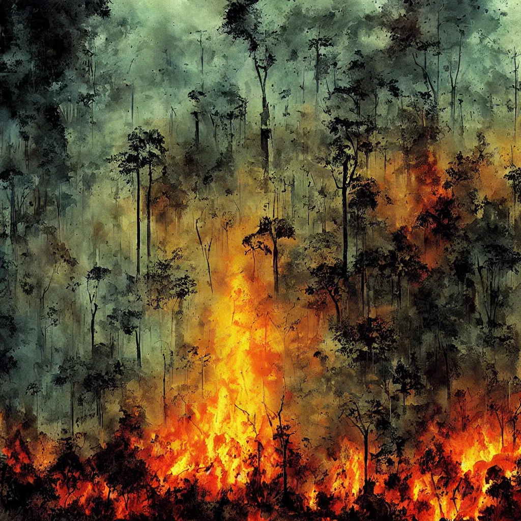 Image similar to amazon forest burning, apocalyptic, very detailed, wide - angle lens, digital art by bill sienkiewicz.