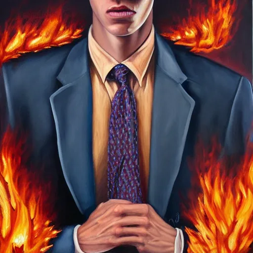 Image similar to a hyper realistic painting of a calm young man in a burning business suit, his clothes is burning, full body painting, coherent symmetrical eyes, by jeffrey smith, by andrea kowch, by steve henderson, masterpiece, trending on artstation,