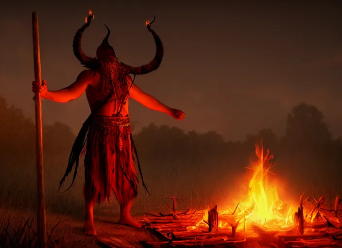 Image similar to shaman behind bonfire twilight hyper realistic cinematic art 4 k great view high quality