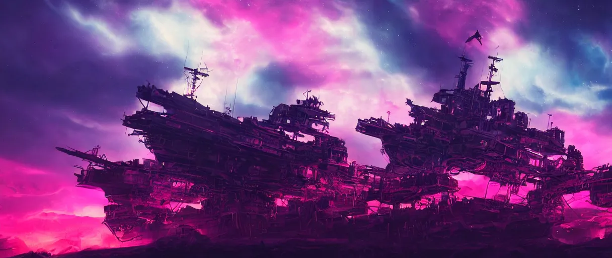 Prompt: mohawk, portrait big dark punk, space, hyperdetailed illustration, stars, pink, neon, oil painting, rich deep colors masterpiece, pirate neon ship, ultra detailed, contrast, heaven pink, clouds, volumetric light, atmospheric lighting, dramatic, cinematic, moody, octane render 4 k, 8 k