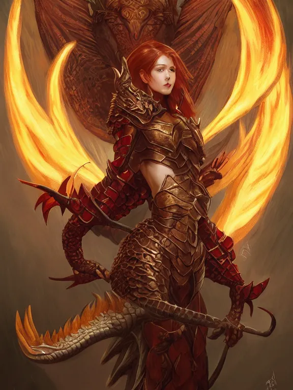 Prompt: full body portrait of dragon master lady, pretty face, taned skin, red eyes, wild ginger hair, draconic looking brass armor, symmetric wings, firebreathing, high fantasy, dnd, highly detailed, smooth, sharp focus, illustration, by artgerm, greg rutkowski, alphonse mucha