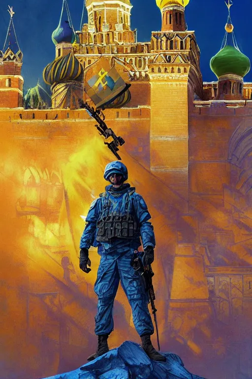 Image similar to special forces soldier installin ukrainian blue and yellow flag on red square kremlin, masculine figure, d & d, fantasy, bright atmosphere, volumetric lights, intricate, elegant, extremely detailed, digital painting, artstation, concept art, matte, smooth, sharp focus, hyper realistic, illustration, art by artgerm and greg rutkowski and alphonse mucha