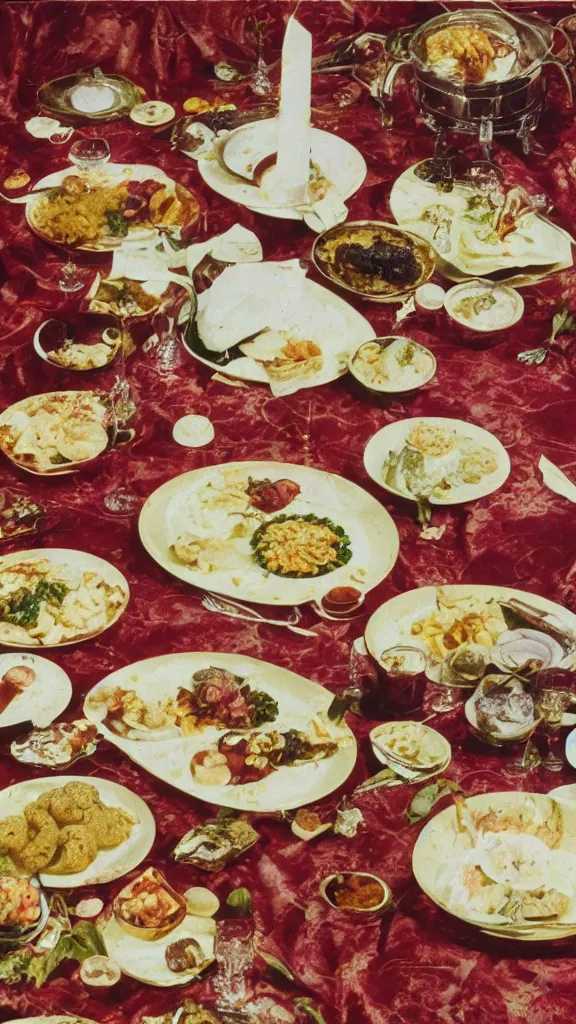 Prompt: 7 0 s food photography of an opulent meal on a crushed velvet tablecloth